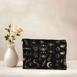 Black mystical gold print cosmetic zipper bag large capacity pencil case travel pouch