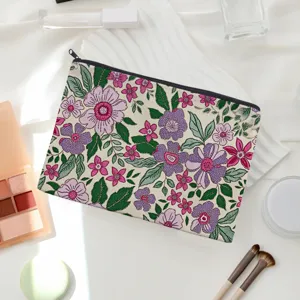 Detail shot of canvas cosmetic bag with vintage floral pattern, showing fabric texture.