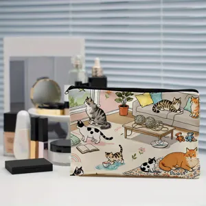 Cute cartoon cat print makeup pouch and coin purse with zip closure for daily storage.
