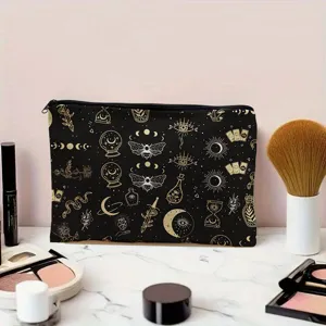 Black mystical celestial pattern cosmetic bag large capacity zipper pouch travel makeup case
