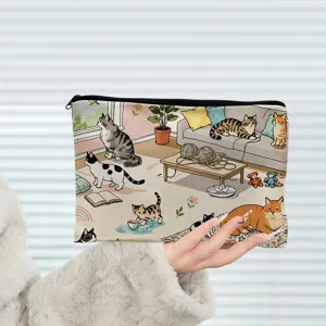 Cute cat print canvas zipper pouch, vintage aesthetic makeup bag for daily storage needs.