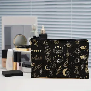 Black gold mystic pattern cosmetic bag large capacity zipper pouch for daily travel makeup
