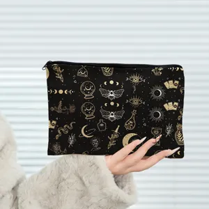 Detailed view of mystical gold pattern black zipper pouch cosmetic bag and pencil case.