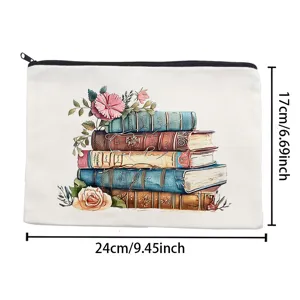 Vintage books printed canvas zipper pouch cosmetic bag pencil case with floral aesthetic design.