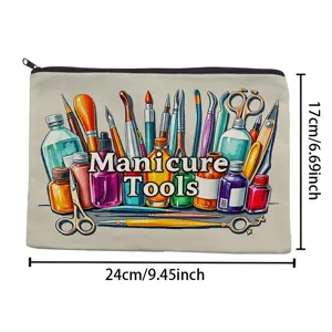 Canvas zipper pencil pouch with cute manicure tools print, large capacity cosmetic bag.