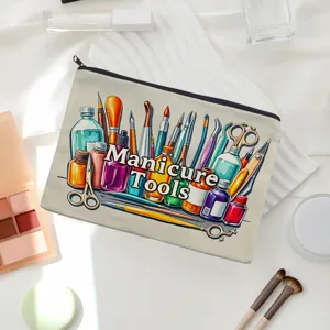 Canvas zipper storage bag with colorful manicure tools illustration, ideal for cosmetic or pencil.