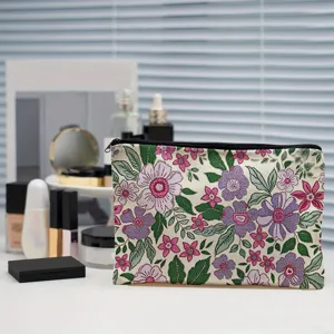 Floral print canvas cosmetic bag portable zipper makeup pouch for daily travel use
