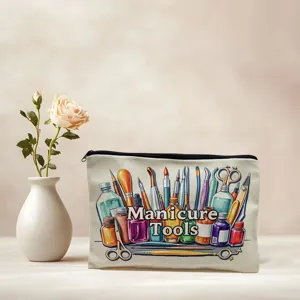 Canvas zipper makeup bag and pencil case with cute manicure tools print for daily use.