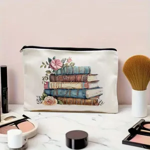 Vintage floral book print canvas makeup pouch, stylish cosmetic storage bag for women.