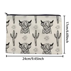 Canvas zipper pouch with highland cow and cactus print, cute cosmetic bag and pencil case.
