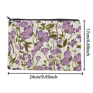 Canvas floral makeup pouch detail view showing floral pattern and convenient size specs for daily use.