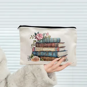 Vintage book floral print canvas makeup bag, stylish portable zipper coin purse for daily use.