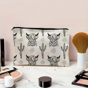 Canvas makeup bag with cute highland cow and cactus print, large capacity zipper pouch for daily.