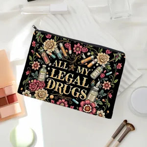 Vintage floral makeup bag with funny legal drugs print, stylish canvas zipper pouch.