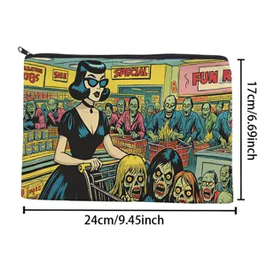 Large capacity canvas pencil case cosmetic storage bag with vintage zombie comic print pouch