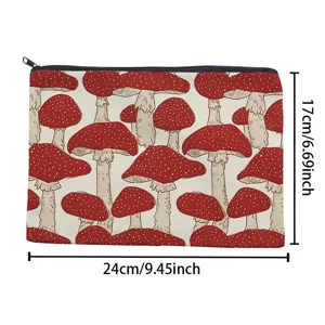 Canvas cosmetic pouch with cute mushroom pattern, portable zipper makeup storage bag for daily use.