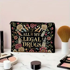 Vintage floral print cosmetic bag, black makeup pouch with zipper and stylish lettering design.