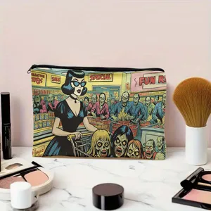 Creative vintage zombie comic print zipper pouch, large capacity makeup bag and pencil case.