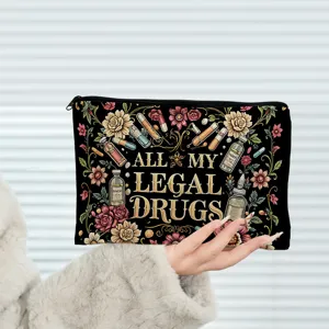 Detail view of retro floral cosmetic pouch featuring botanical illustration and legal drugs text.