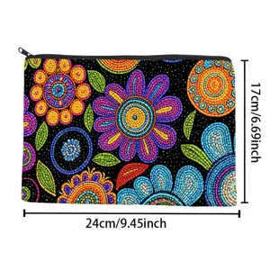 Detailed view of the colorful vintage mosaic floral print cosmetic pouch zipper closure.