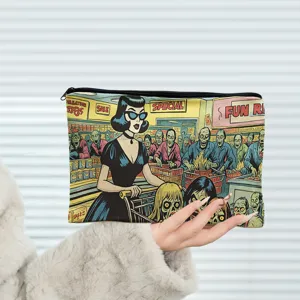 Canvas zipper cosmetic bag large capacity pencil case vintage comic zombie print storage pouch
