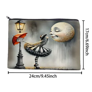 Detail view of canvas makeup bag with surreal art print and size dimensions, portable cosmetic pouch.