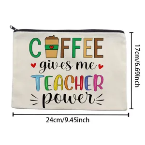 Canvas zipper pouch cosmetic bag teacher coffee theme pencil case large capacity storage