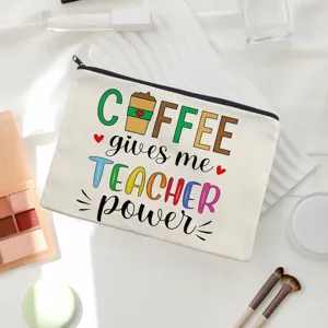 Canvas makeup bag detail featuring colorful coffee teacher quote text and cosmetic props flatlay.
