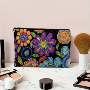Retro mosaic floral print zipper pouch, stylish cosmetic storage bag for daily use and travel.