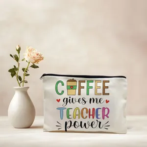 Canvas cosmetic pouch with teacher coffee theme print, ideal makeup bag or zipper pencil case.