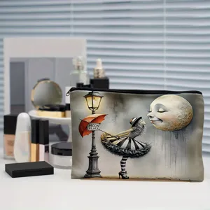 Canvas makeup pouch with artistic moon illustration, portable zipper storage bag for daily cosmetics.