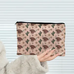 Cute Highland Cow Makeup Bag Cotton Linen Zipper Toiletry Pouch Travel Storage Bag