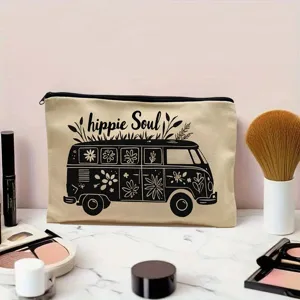 Canvas cosmetic bag close up view featuring retro van floral print and secure black zipper closure.