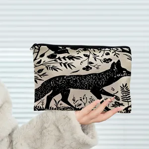 Black and white fox print canvas zipper pouch, stylish makeup bag and portable travel organizer.