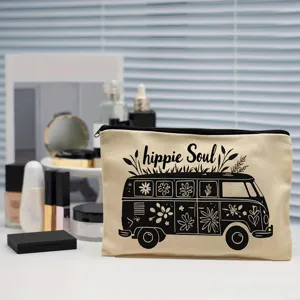 Canvas cosmetic bag with vintage hippie van print, portable zipper makeup pouch for women.