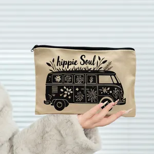 Canvas makeup pouch with hippie soul and vintage van print, portable travel cosmetic storage bag.