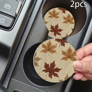 Round car cup coasters with autumn maple leaf pattern, non-slip silicone auto cup mats, 2pcs.