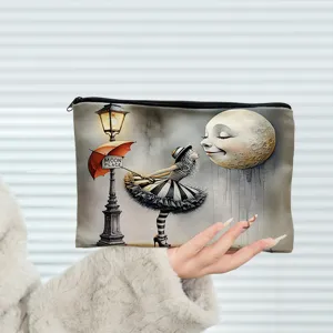 Portable canvas cosmetic bag, retro surreal illustration makeup pouch with zipper for travel.