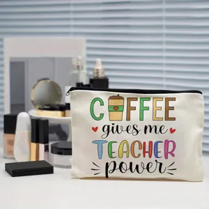 Canvas cosmetic bag with cute teacher coffee quote print, durable zipper pouch for daily use.