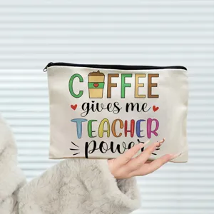 Canvas zipper pouch cosmetic bag with teacher coffee theme print closeup detail design style.