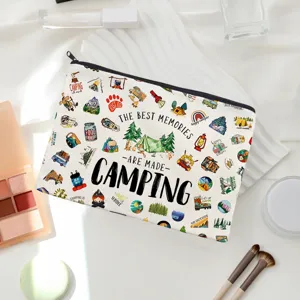 Canvas zipper makeup bag with camping print, portable coin purse and storage pouch for women.