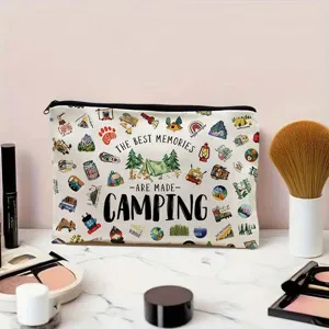 Vintage camping print canvas zipper pouch portable cosmetic bag makeup organizer for travel women