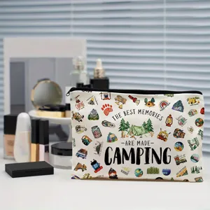 Canvas cosmetic bag with camping print, zipper closure, daily storage detail shot.