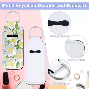 Oil painting floral lipstick protective cover with metal keychain, durable and practical.