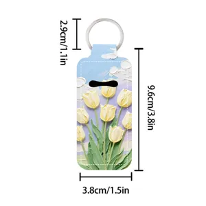 Oil painting tulip lipstick protective cover keychain with metal ring for women girls bag.
