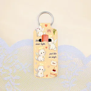 Cute angel cat print neoprene lipstick holder keychain detail close up view display