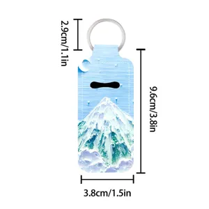 Oil painting style snow mountain lipstick case detail view, compact keychain bag charm.