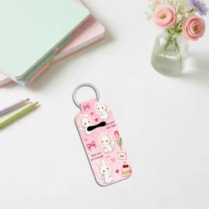 Cute pink neoprene lipstick holder keychain with lovely angel bunny print and metal ring.