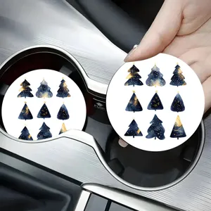 Posavasos absorbentes para portavasos de coche con elegante diseño de árbol de navidad azul dorado.