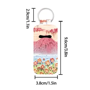 Oil painting style lipstick holder keychain detail view, portable key ring pendant accessory.